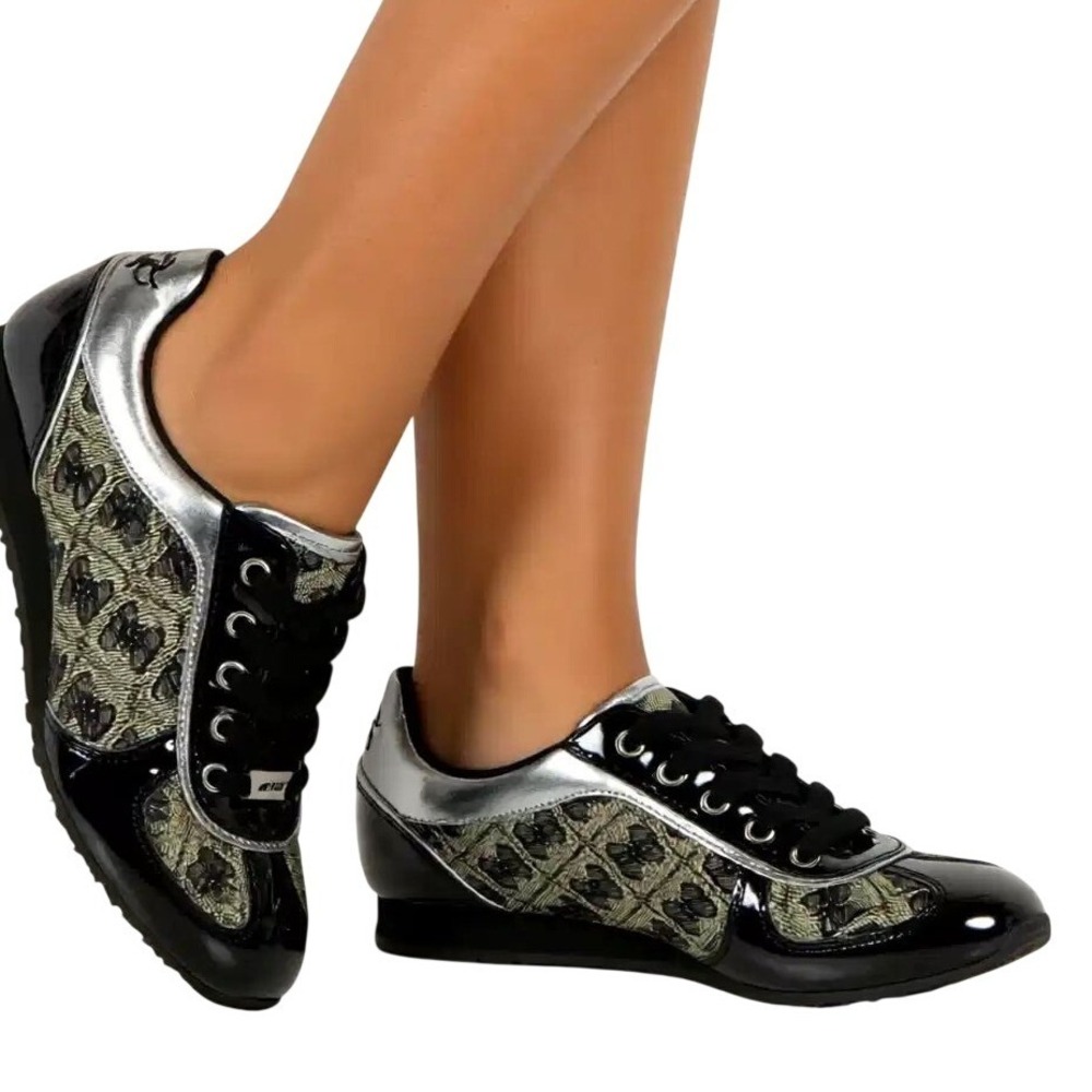Guess Womens Logo Jacquard Sneakers Black Patent Leather Lace‎ Up Shoes 5 NIB